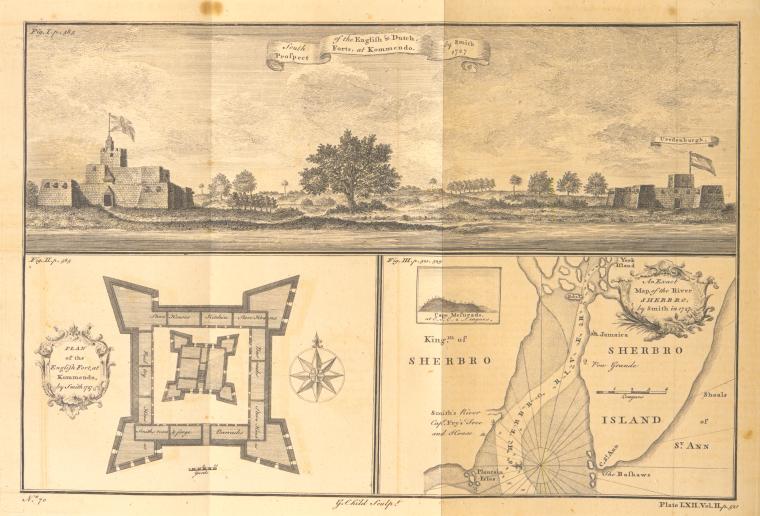 South Prospect of the English & Dutch, Forts, at Kommendo / Plan of the English Fort, at Kommendo / An Exact Map of the River Sherbro